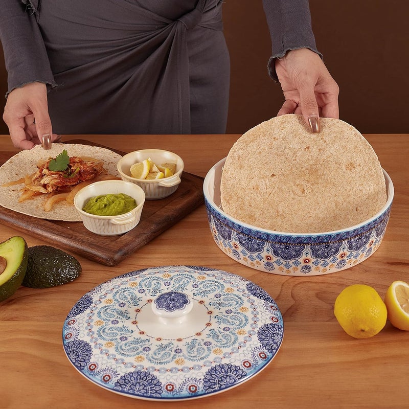 Bico Blue Talavera Ceramic Tortilla Warmer, 8.9 Inch Tortilla Holder with Lid for Taco Bread Pancake for Mexican Night and Party, Microwave and Dishwasher Safe - Image 4
