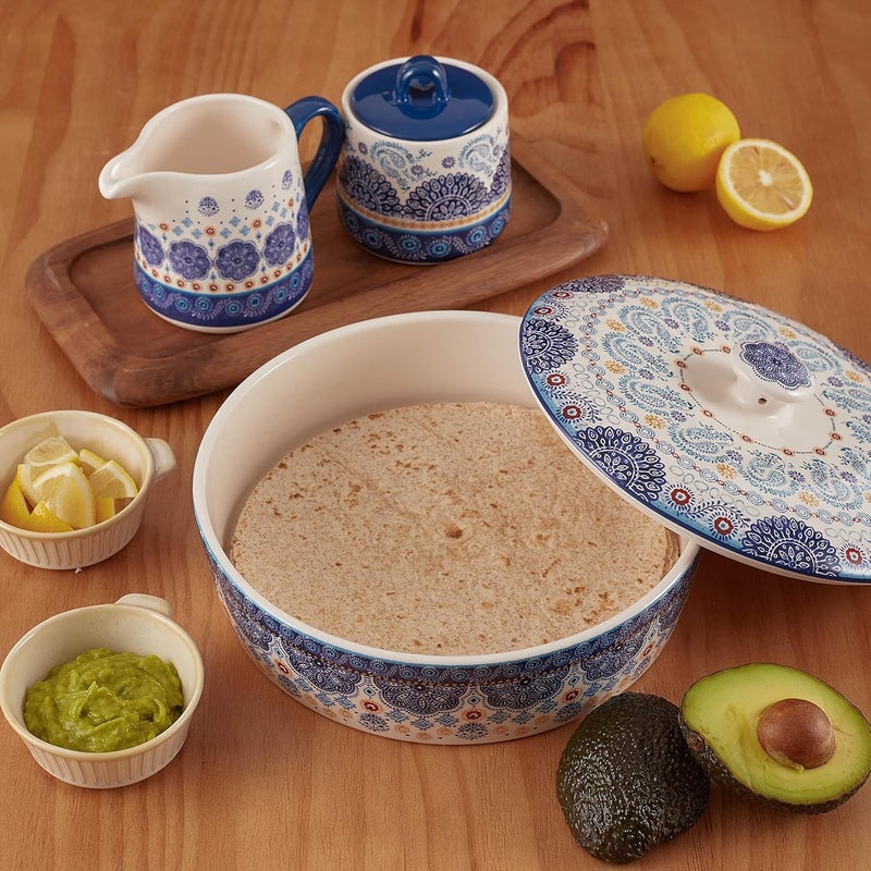 Bico Blue Talavera Ceramic Tortilla Warmer, 8.9 Inch Tortilla Holder with Lid for Taco Bread Pancake for Mexican Night and Party, Microwave and Dishwasher Safe - Image 3