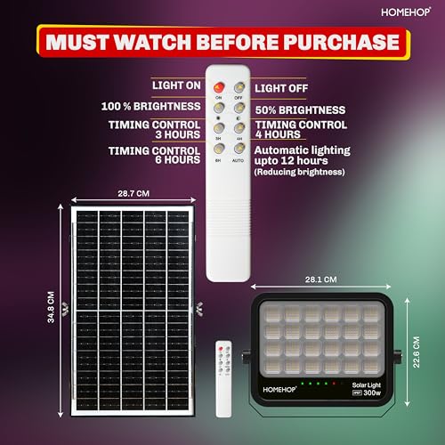 Homehop Solar Light Outdoor Home 300W LED Flood Waterproof Automatic Security Wall Lamp for Garden, Balcony, Pathway, Yard and Patio (18AH, ABS, 500LED) - Image 3