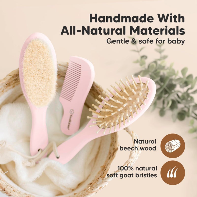 KeaBabies Baby Hair Brush and Comb Set for Newborn - Wooden Baby Hair Brush Set with Soft Goat Bristle, Baby Brush Set for Newborns, Baby Brush and Comb Set Girl, Boy, Toddler Cradle Cap Brush (Oval, Blush) - Image 4