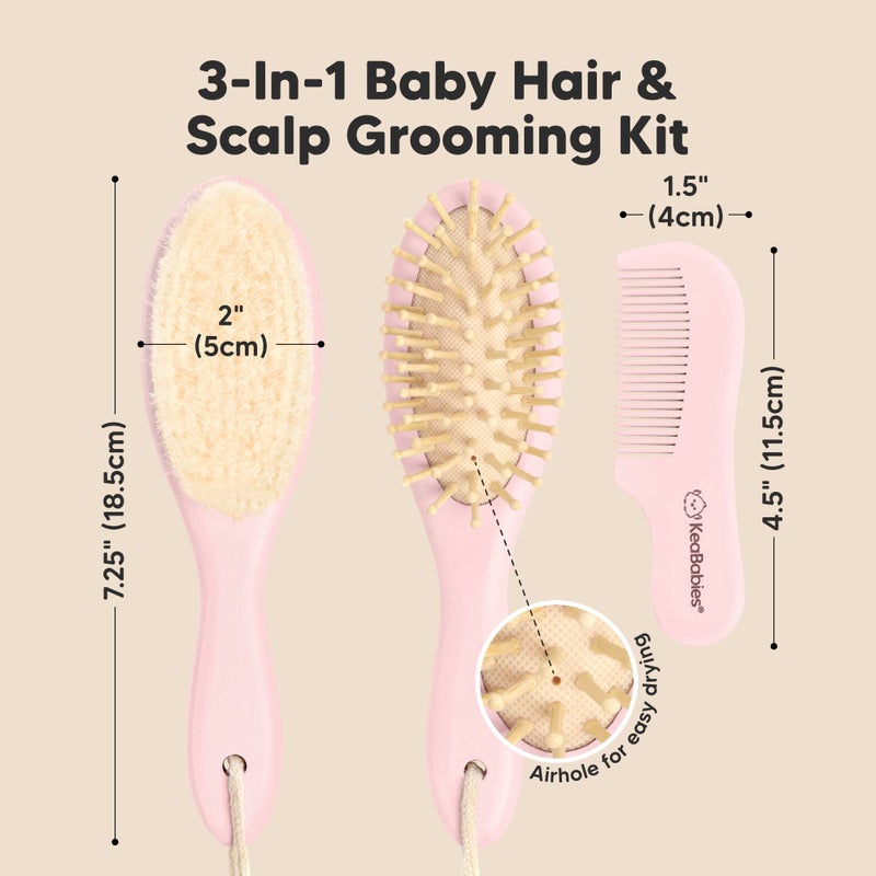 KeaBabies Baby Hair Brush and Comb Set for Newborn - Wooden Baby Hair Brush Set with Soft Goat Bristle, Baby Brush Set for Newborns, Baby Brush and Comb Set Girl, Boy, Toddler Cradle Cap Brush (Oval, Blush) - Image 2