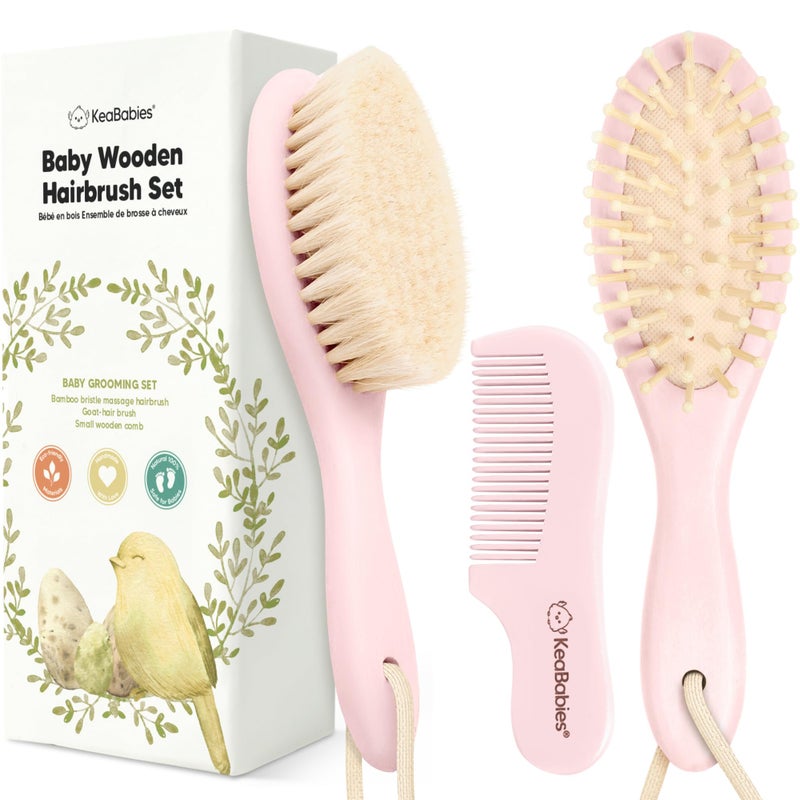 KeaBabies Baby Hair Brush and Comb Set for Newborn - Wooden Baby Hair Brush Set with Soft Goat Bristle, Baby Brush Set for Newborns, Baby Brush and Comb Set Girl, Boy, Toddler Cradle Cap Brush (Oval, Blush) - Image 1