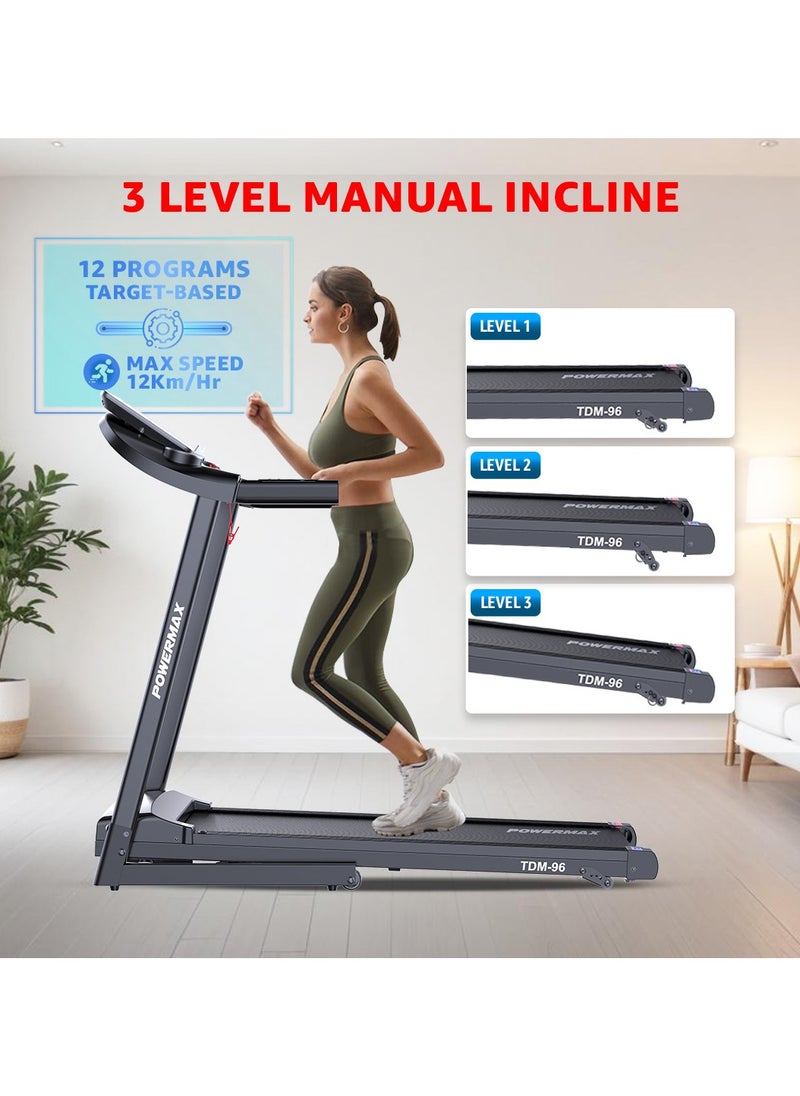 PowerMax Fitness Fitness TDM-96 (4HP Peak) Motorised Treadmill for Home Use [ Max User Wt. 110kg | LCD Display | Bluetooth for Music & Mobile App | 3 Level Manual Incline ] Free (DIY) Installation Assistance  - Image 5