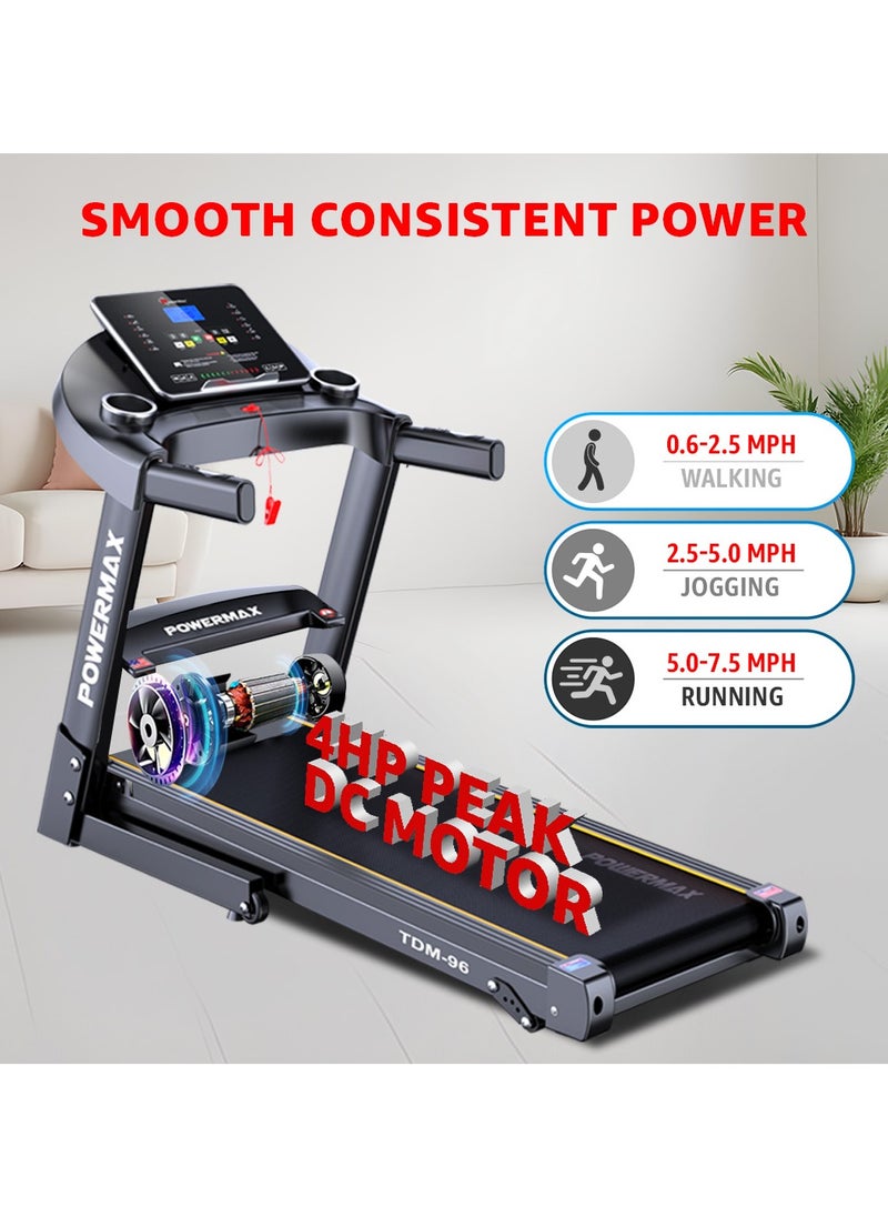 PowerMax Fitness Fitness TDM-96 (4HP Peak) Motorised Treadmill for Home Use [ Max User Wt. 110kg | LCD Display | Bluetooth for Music & Mobile App | 3 Level Manual Incline ] Free (DIY) Installation Assistance  - Image 4