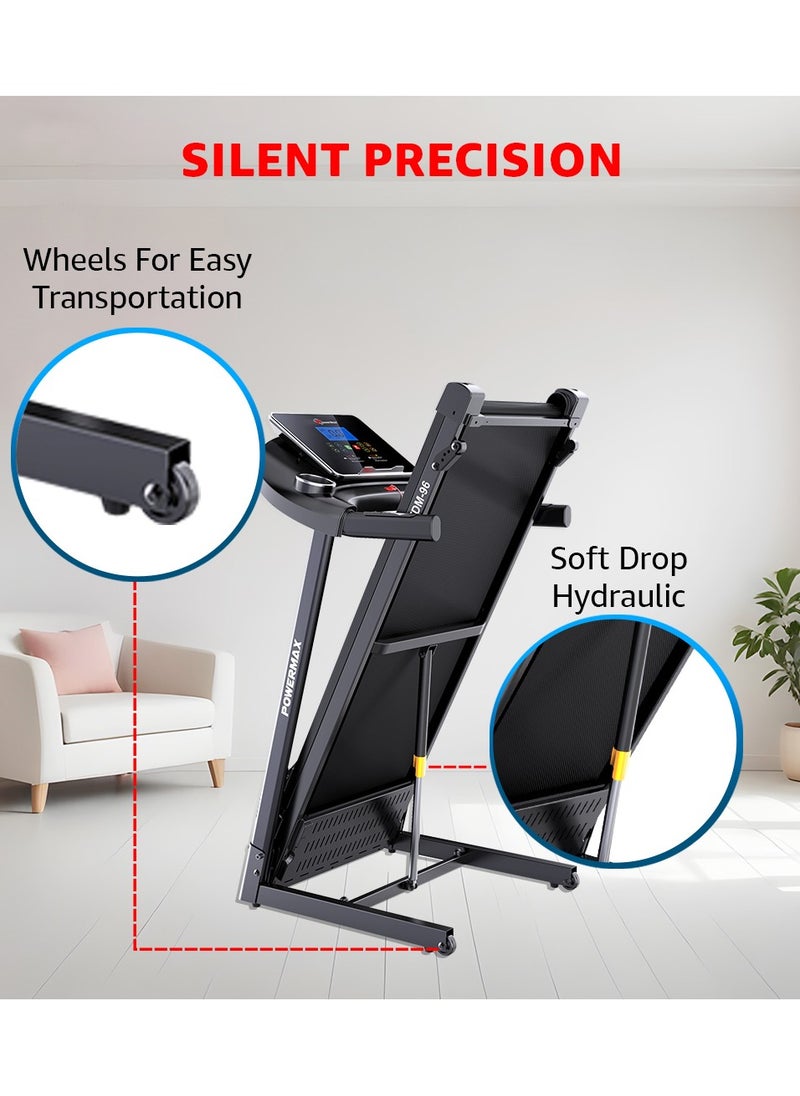 PowerMax Fitness - Fitness TDM-96 (4HP Peak) Motorised Treadmill for Home Use [ Max User Wt. 110kg | LCD Display | Bluetooth for Music & Mobile App | 3 Level Manual Incline ] Free (DIY) Installation Assistance - Image 1