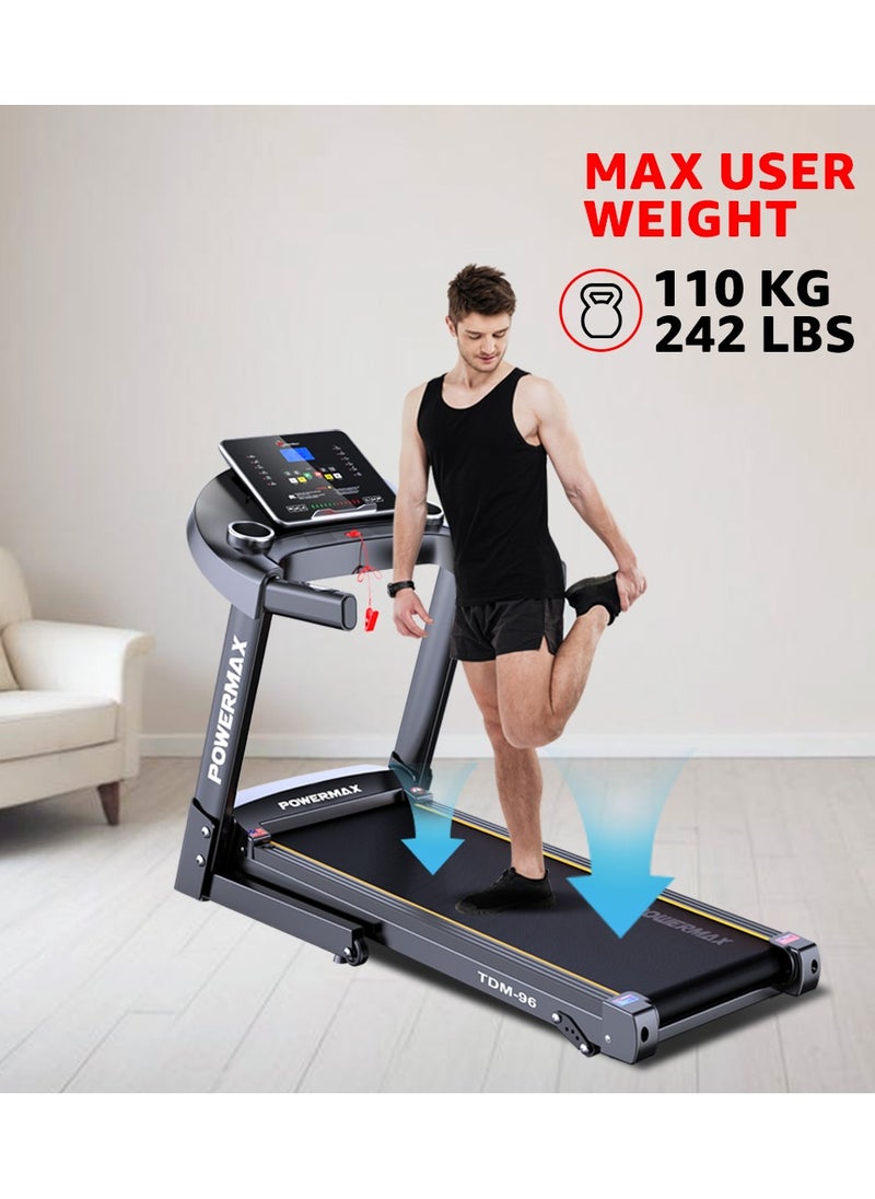 PowerMax Fitness - Fitness TDM-96 (4HP Peak) Motorised Treadmill for Home Use [ Max User Wt. 110kg | LCD Display | Bluetooth for Music & Mobile App | 3 Level Manual Incline ] Free (DIY) Installation Assistance - Image 1