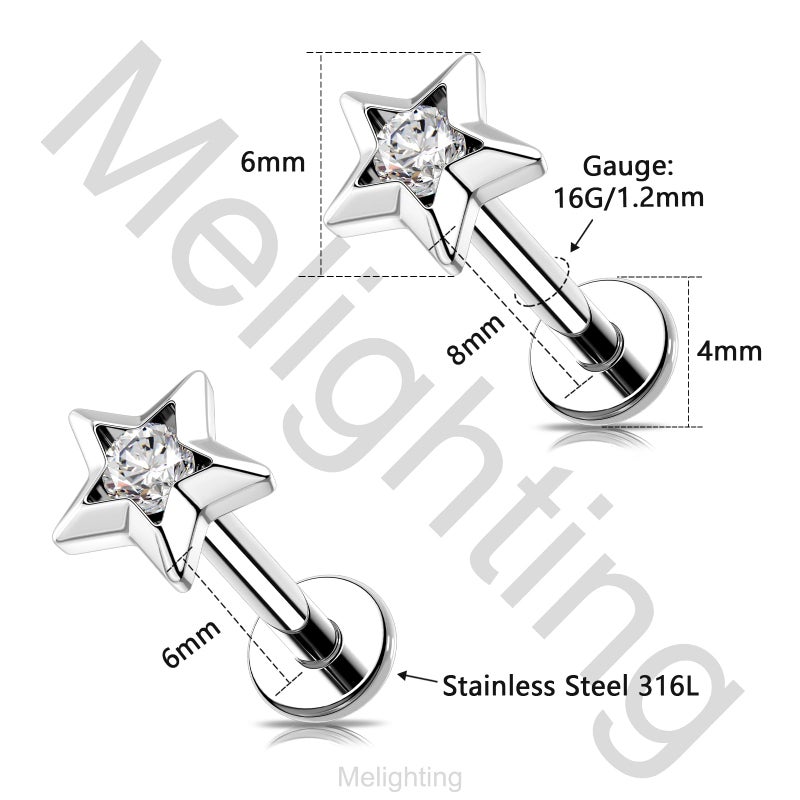 Melighting 16G Star Helix Earring Internal Thread 6 mm Flat Back Earring Stainless Steel 316L Star Lip Stud Labret Cartilage Lip Piercing Jewelry - Image 3