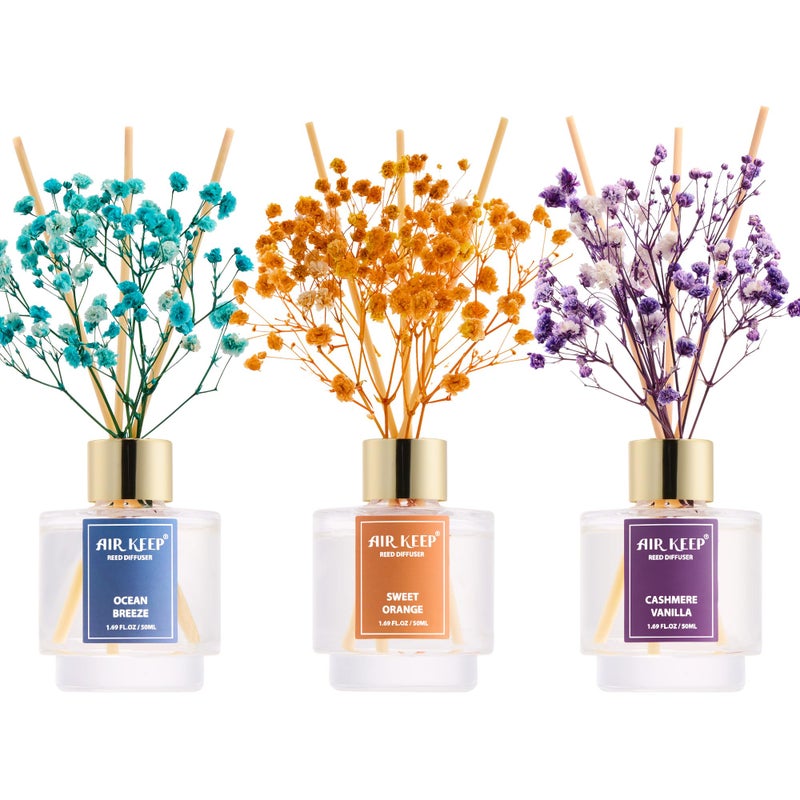 Airkeep Reed Diffuser Set of 3, Ocean Breeze Sweet Orange Cashmere Vanilla Oil Reed Diffusers for Bedroom Living Room Office Aromatherapy Oil Reed Diffuser for Gift 50ml x 3 - Image 1