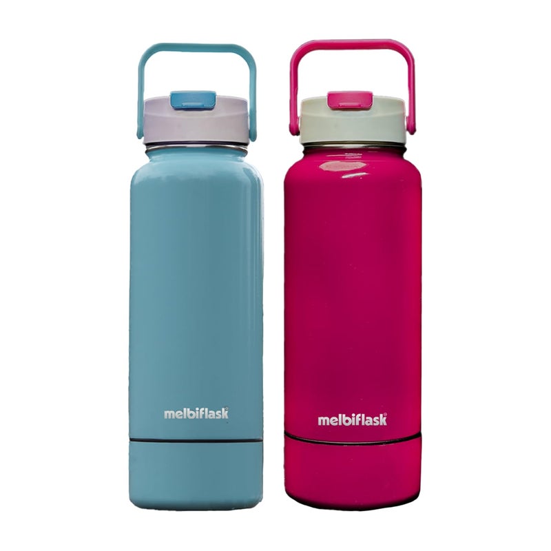 Melbify Sport Bundle 2in1 Thermos Flask with Attached Snacks Container 1 Litre Pack of 2 MelbiSport Dual Lid for Sip Pour Ideal for Sports Travel Everyday Use - Image 1