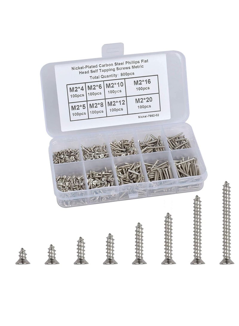 800 Packs M2 Screws Set, Phillips Flat Head Self-Tapping Screws, M2 Cross Head Countersunk Self Screws Assortment, Wood Screws Kit, Multi-Purpose Metal Screws Set with Storage Box - Image 2