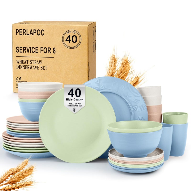 Perlapoc 40 PCS Wheat Straw Dinnerware Sets Unbreakable Dishes Set for 8 Plastic Plates and Bowls Sets with Cups Dishwasher & Microwave Safe - Colorful - Image 1