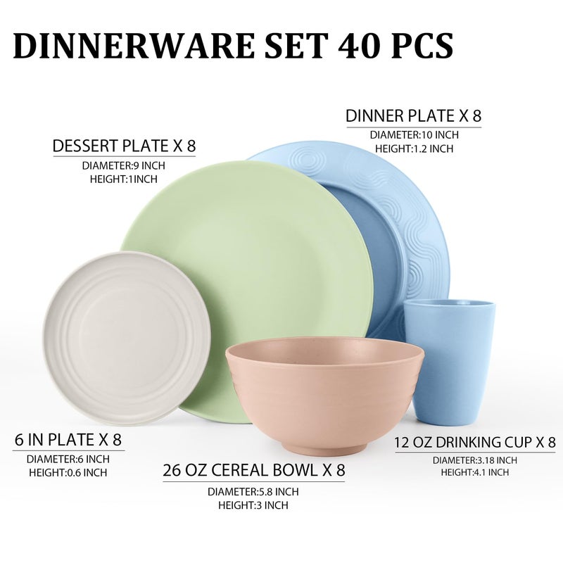 Perlapoc 40 PCS Wheat Straw Dinnerware Sets Unbreakable Dishes Set for 8 Plastic Plates and Bowls Sets with Cups Dishwasher & Microwave Safe - Colorful - Image 2