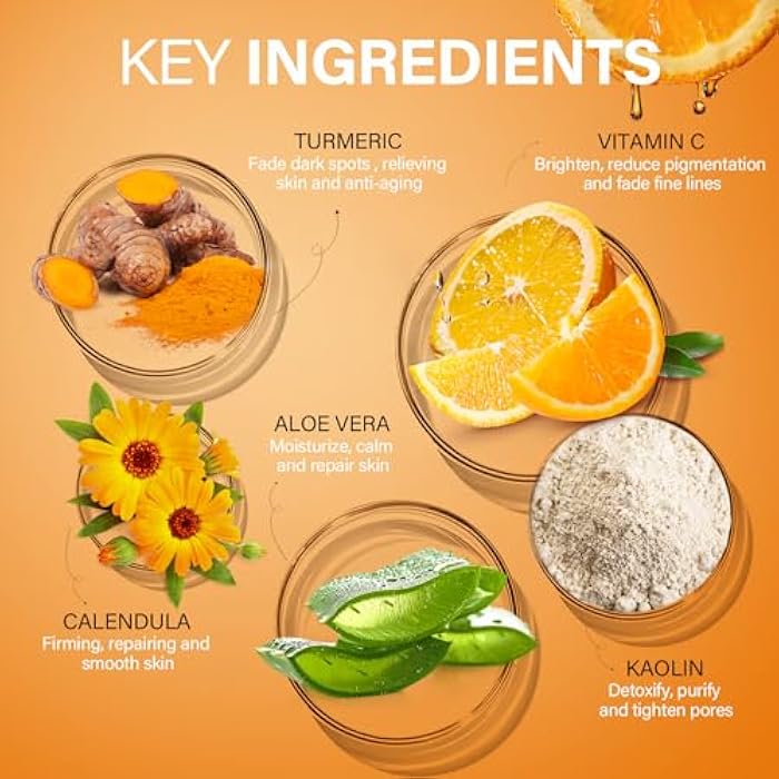 ulluxe Turmeric Vitamin C Clay Mask for Dark Spots, Dull Skin, Moisturizing, Skincare Facial Mask for Blackheads and Pores Cleansing, Improve Uneven Skin Tone, Face Skincare Gift, 5.29 oz - Image 5
