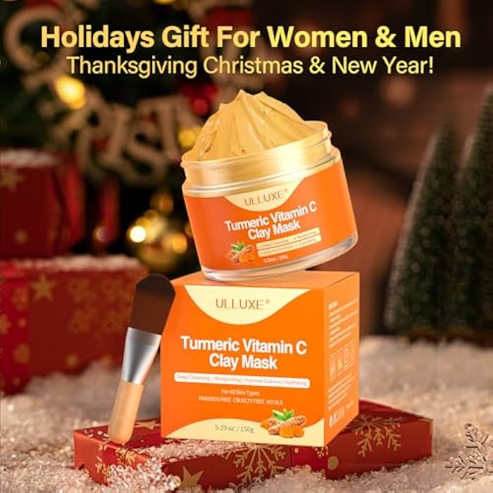 ulluxe Turmeric Vitamin C Clay Mask for Dark Spots, Dull Skin, Moisturizing, Skincare Facial Mask for Blackheads and Pores Cleansing, Improve Uneven Skin Tone, Face Skincare Gift, 5.29 oz - Image 2