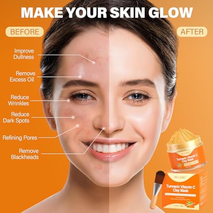 ulluxe Turmeric Vitamin C Clay Mask for Dark Spots, Dull Skin, Moisturizing, Skincare Facial Mask for Blackheads and Pores Cleansing, Improve Uneven Skin Tone, Face Skincare Gift, 5.29 oz - Image 3