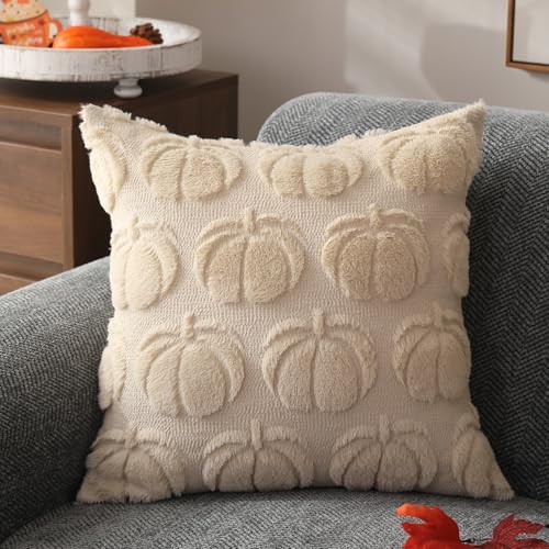 DFXSZ Fall Pillow Covers 20x20 Set of 2 Fall Decorations Autumn Beige Pumpkin Throw Pillow Cases Soft Plush Faux Fur Wool Couch Cushion Case for Chair Sofa Bedroom Living Room Home Decor PTK012B20 - Image 3