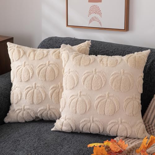 DFXSZ Fall Pillow Covers 20x20 Set of 2 Fall Decorations Autumn Beige Pumpkin Throw Pillow Cases Soft Plush Faux Fur Wool Couch Cushion Case for Chair Sofa Bedroom Living Room Home Decor PTK012B20 - Image 1