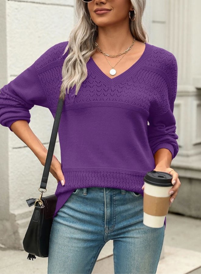 zeagoo Womens 2025 Fall Sweaters Casual Long Sleeve Ribbed Knit Pullover V Neck Lightweight Crochet Pullover Sweater Top, Deep Purple, XL - Image 3
