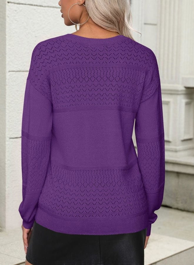zeagoo Womens 2025 Fall Sweaters Casual Long Sleeve Ribbed Knit Pullover V Neck Lightweight Crochet Pullover Sweater Top, Deep Purple, XL - Image 4