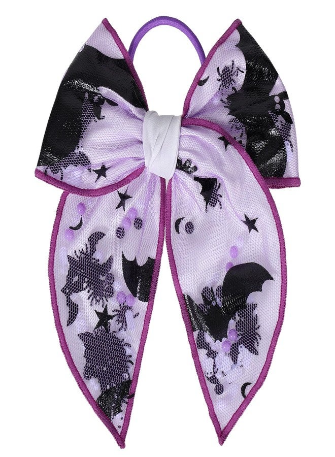 Miroksh Bats Halloween Hair Bow Tie for Women Girls 5.5 Inch Large Spooky Black Purple Spider Mesh Ribbon Fable Bow Elastic Hair Band Party Ponytail Holder Costume Decor Accessories Gift - Image 1