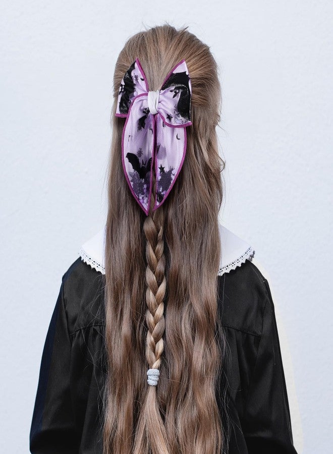 Miroksh Bats Halloween Hair Bow Tie for Women Girls 5.5 Inch Large Spooky Black Purple Spider Mesh Ribbon Fable Bow Elastic Hair Band Party Ponytail Holder Costume Decor Accessories Gift - Image 4