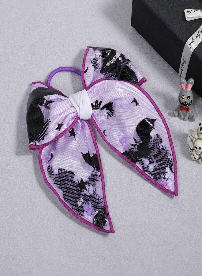 Miroksh Bats Halloween Hair Bow Tie for Women Girls 5.5 Inch Large Spooky Black Purple Spider Mesh Ribbon Fable Bow Elastic Hair Band Party Ponytail Holder Costume Decor Accessories Gift - Image 2