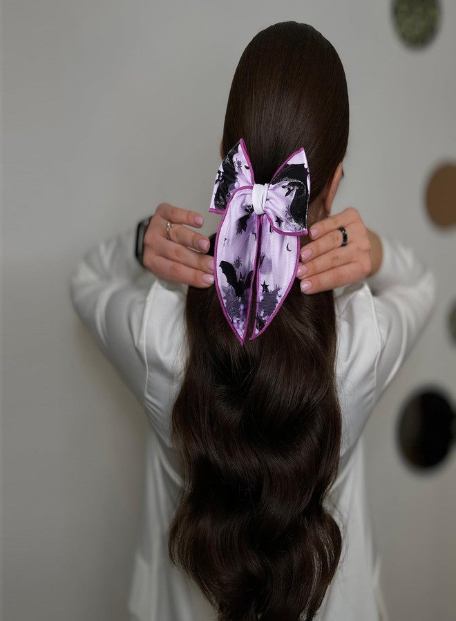 Miroksh Bats Halloween Hair Bow Tie for Women Girls 5.5 Inch Large Spooky Black Purple Spider Mesh Ribbon Fable Bow Elastic Hair Band Party Ponytail Holder Costume Decor Accessories Gift - Image 5