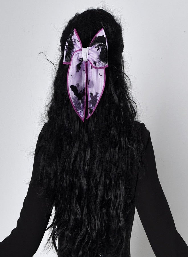 Miroksh Bats Halloween Hair Bow Tie for Women Girls 5.5 Inch Large Spooky Black Purple Spider Mesh Ribbon Fable Bow Elastic Hair Band Party Ponytail Holder Costume Decor Accessories Gift - Image 3