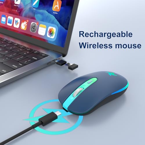 HZD LED Wireless Mouse, Slim Silent Rechargeable Mouse for Laptop, 2.4G Portable USB Optical Mouse with Type C Adapter, 3 Adjustable DPI Levels 1600/1200/800 for Tablet/Computer Blue - Image 2