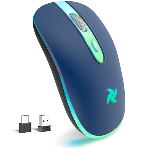 HZD LED Wireless Mouse, Slim Silent Rechargeable Mouse for Laptop, 2.4G Portable USB Optical Mouse with Type C Adapter, 3 Adjustable DPI Levels 1600/1200/800 for Tablet/Computer Blue - Image 1