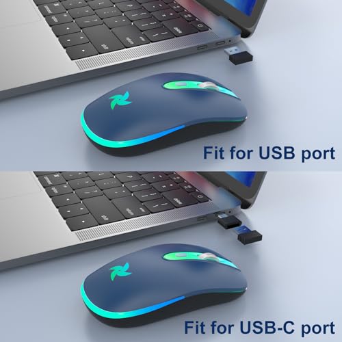 HZD LED Wireless Mouse, Slim Silent Rechargeable Mouse for Laptop, 2.4G Portable USB Optical Mouse with Type C Adapter, 3 Adjustable DPI Levels 1600/1200/800 for Tablet/Computer Blue - Image 5