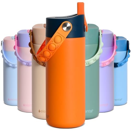 Elemental Insulated Kids Water Bottle Stainless Steel Water Bottle with Straw Lid PopIt Handle LeakProof Water Bottles for School Boys or Girls Travelling and Sports 18oz Orange Tie Dye - Image 1