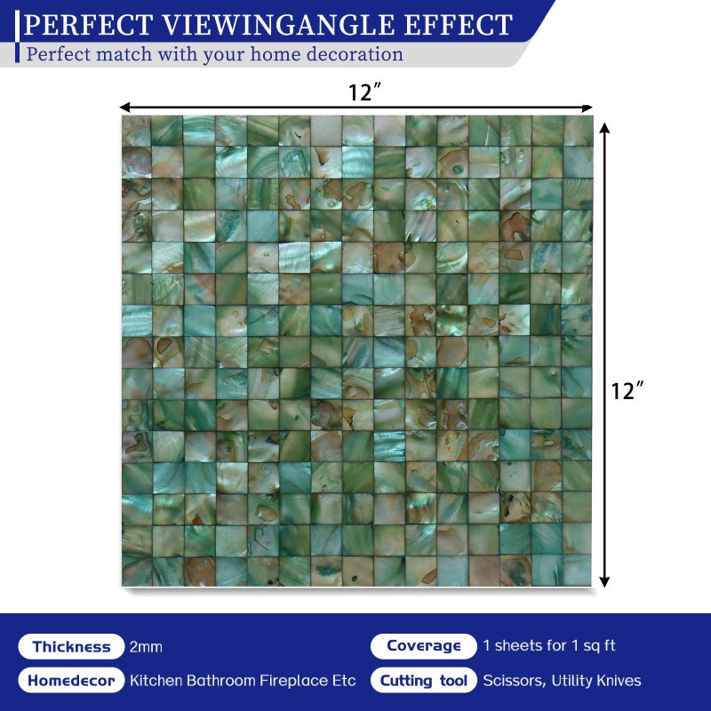 MOP Mother of Pearl Peel and Stick Backsplash Tile, Seashell Mosaic Tiles, for Living Room Background Wall and Kitchen 12"x12" Square Green 5 Sheets - Image 2