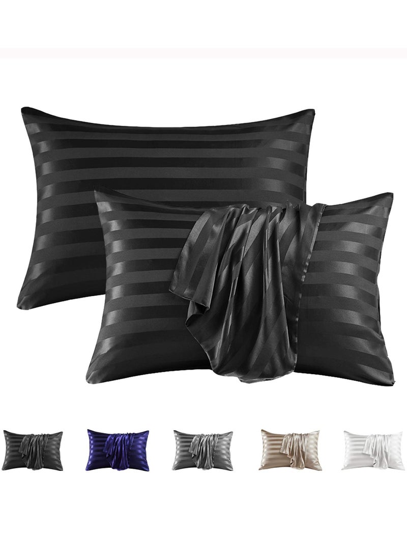 STRBOXONG 2-Piece Stripe Silk Satin Pillow Case with Envelope Closure for Hair and Skin Black 51x76/51x102cm - Image 1