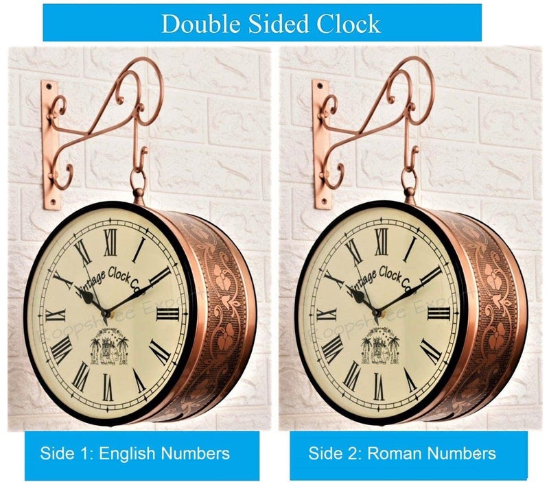Vintage Clock Iron Handcrafted Double Side Clock with Roman Numbers 1 Year Warranty (8 Inches Size, Rose Gold Finish, Floral Design, VC-65471), Analog - Image 2