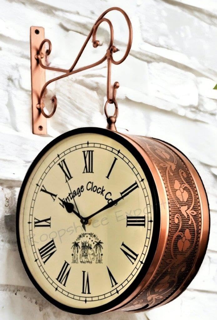 Vintage Clock Iron Handcrafted Double Side Clock with Roman Numbers 1 Year Warranty (8 Inches Size, Rose Gold Finish, Floral Design, VC-65471), Analog - Image 1
