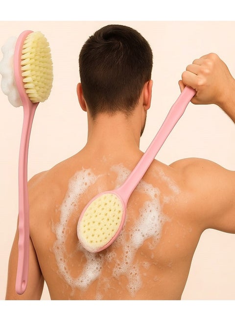 فرشاة استحمام طويلة بمقبض مزدوجة الوجه - شعيرات ناعمة وليفة إسفنجية للظهر - أداة تنظيف عميق للجسم - لون وردي - ليفة استحمام ليفة جسم استحمام
