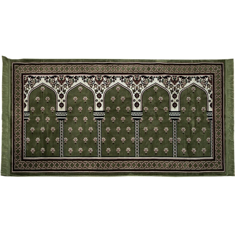 Modefa Turkish Islamic Prayer Rug - Multi Person Janamaz Sajada for Family or Large Gathering & Group Praying Carpet - Wide Plush Velvet Praying Mat Mihrab (5 Person Green) - Image 1