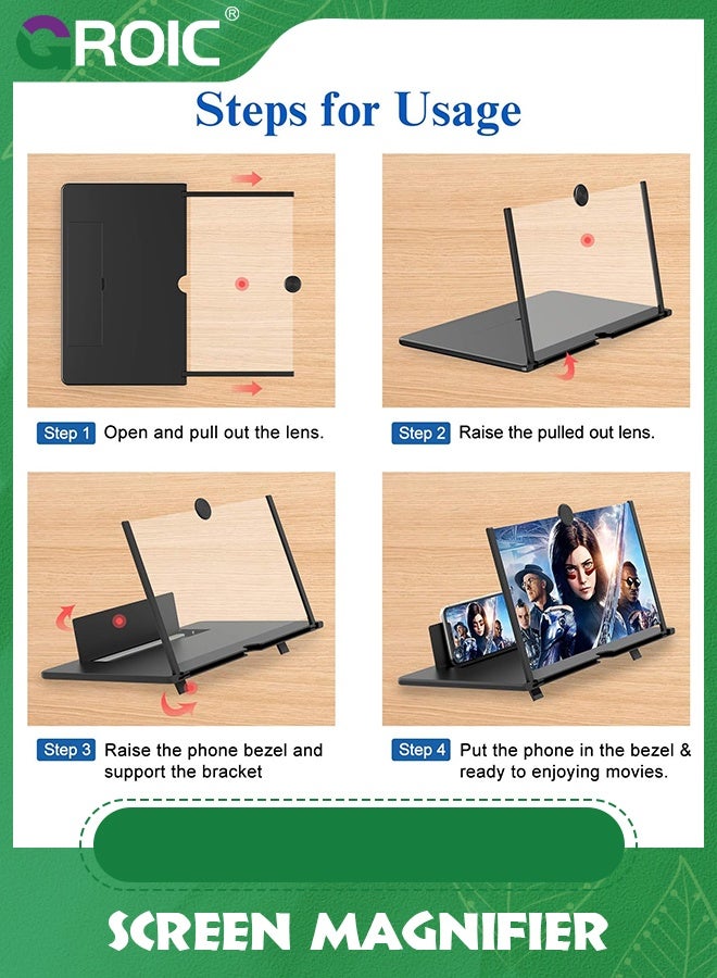 GROIC 12 inch Black Foldable Phone Screen Magnifier, HD Mobile Phone Screen Amplifier Gift for Older Kids 3D Movie Video Enlarger with Pull Design and Stand Holder Eye Protection for All Smartphone  - Image 4