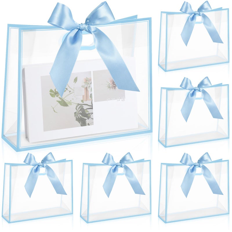 Aliceset 12 Pcs Clear Plastic Gift Bags with Die Cut Handles Reusable Gift Wrapping Bag with Ribbon for Wedding Graduation Bridal Shower Baby Shower, 12 x 10 x 5''(Blue) - Image 1