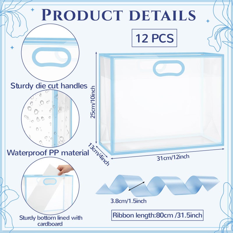 Aliceset 12 Pcs Clear Plastic Gift Bags with Die Cut Handles Reusable Gift Wrapping Bag with Ribbon for Wedding Graduation Bridal Shower Baby Shower, 12 x 10 x 5''(Blue) - Image 2