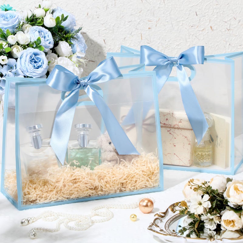 Aliceset 12 Pcs Clear Plastic Gift Bags with Die Cut Handles Reusable Gift Wrapping Bag with Ribbon for Wedding Graduation Bridal Shower Baby Shower, 12 x 10 x 5''(Blue) - Image 4