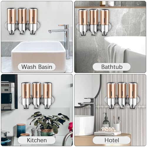 prosfalt 3 in 1 Wall Mounted Bathroom Shower Pump Dispenser and Organizer-Holds Shampoo, Soap, Conditioner, Shower Gel, for Bathroom Kitchen Hotel (Gold 3 Chamber) - Image 4
