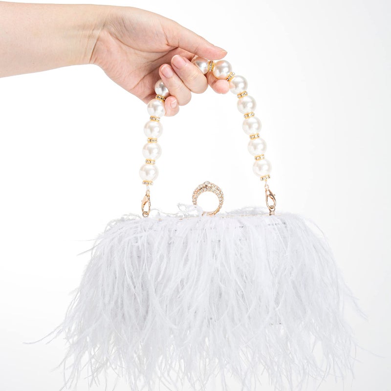 Menurra Women Real Natural Ostrich Feather Evening Bags Purses Clutch Vintage Banquet Handbag (white) - Image 2