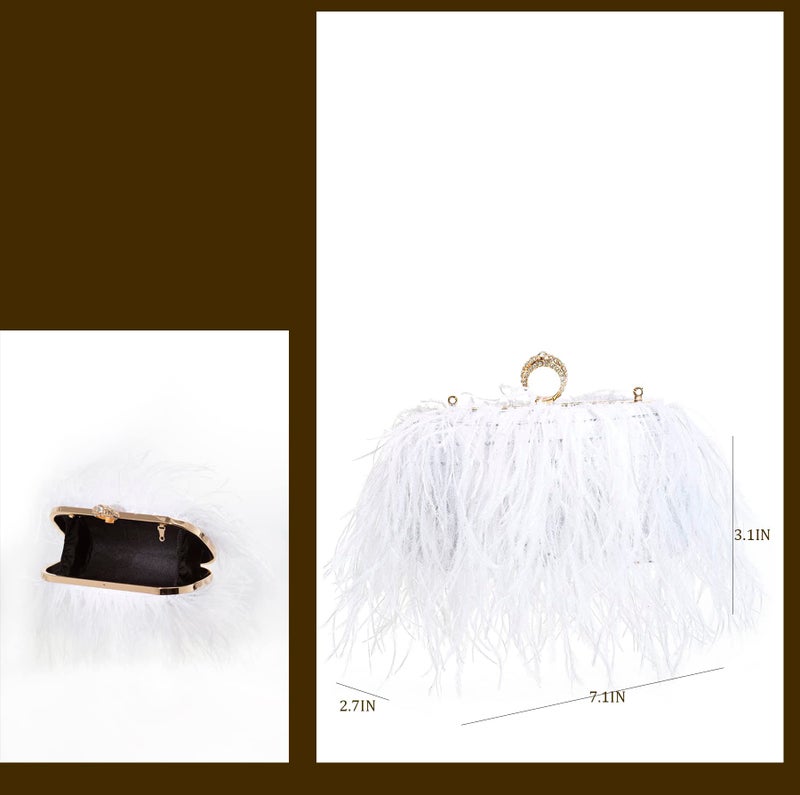 Menurra Women Real Natural Ostrich Feather Evening Bags Purses Clutch Vintage Banquet Handbag (white) - Image 5