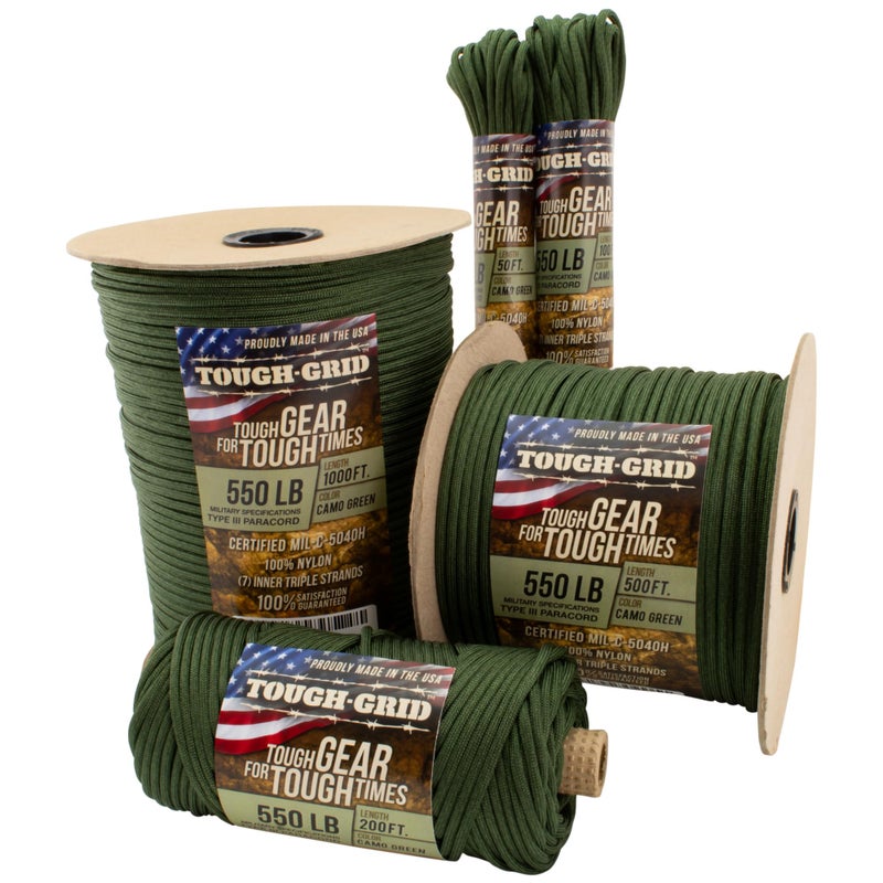 TOUGH-GRID Premium 550lb Paracord Rope - Made in USA - 100% Nylon Type III Mil-Spec - UV & Abrasion Resistant - Heavy Duty Strands - Outdoor Survival Rope - Used by US Military - 50ft - Camo Green - Image 1