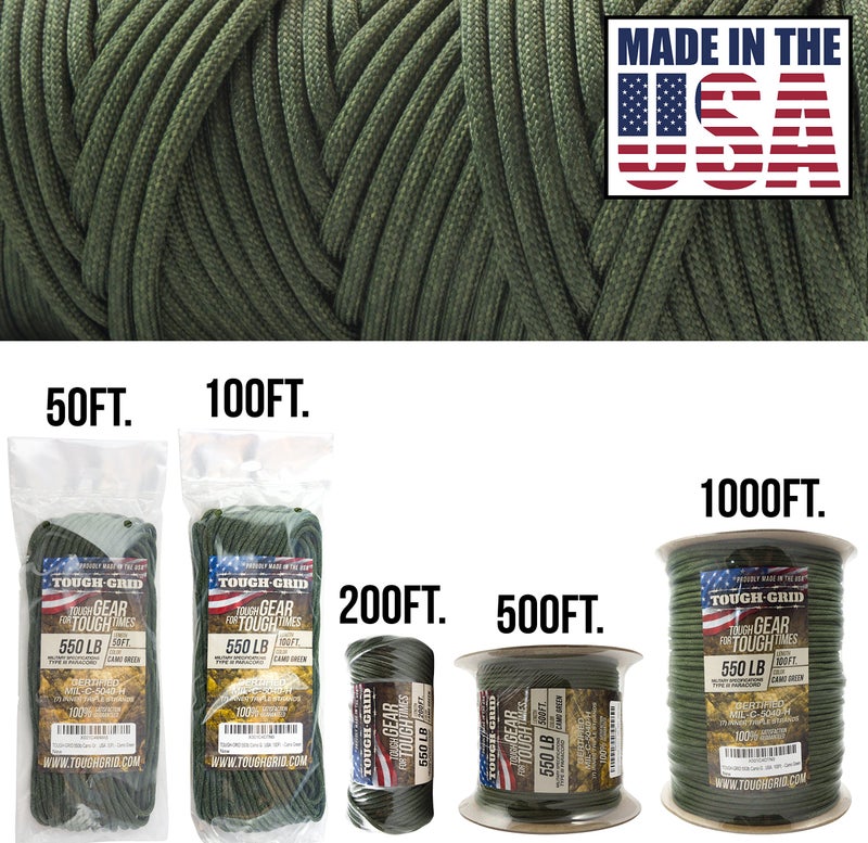 TOUGH-GRID Premium 550lb Paracord Rope - Made in USA - 100% Nylon Type III Mil-Spec - UV & Abrasion Resistant - Heavy Duty Strands - Outdoor Survival Rope - Used by US Military - 50ft - Camo Green - Image 2
