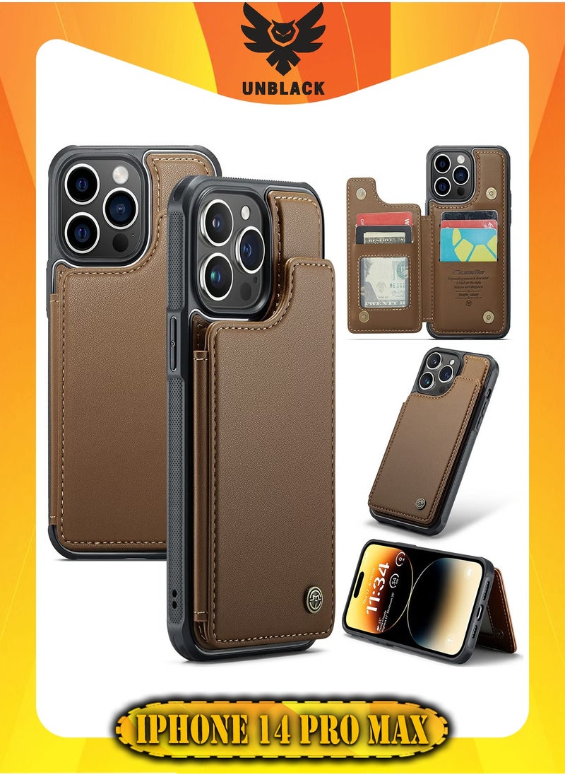 CaseMe - Wallet Case for Apple iPhone 14 Pro Max, Premium Handmade Durable PU Leather Slim Shockproof Case with [Double Magnetic Clasp] [Card Holder] [Kickstand] [RFID Blocking] (Brown) - Image 1