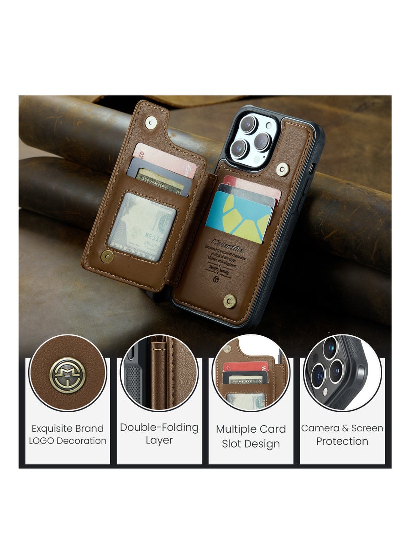 CaseMe - Wallet Case for Apple iPhone 14 Pro Max, Premium Handmade Durable PU Leather Slim Shockproof Case with [Double Magnetic Clasp] [Card Holder] [Kickstand] [RFID Blocking] (Brown) - Image 1