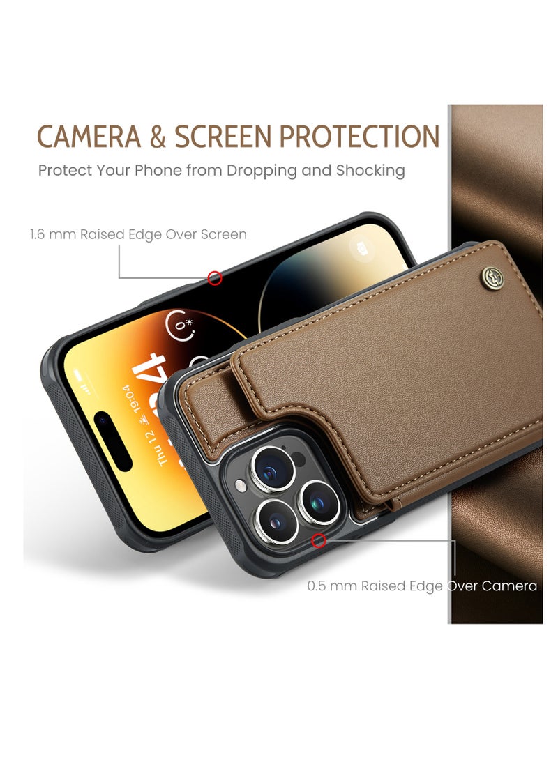 CaseMe - Wallet Case for Apple iPhone 14 Pro Max, Premium Handmade Durable PU Leather Slim Shockproof Case with [Double Magnetic Clasp] [Card Holder] [Kickstand] [RFID Blocking] (Brown) - Image 1